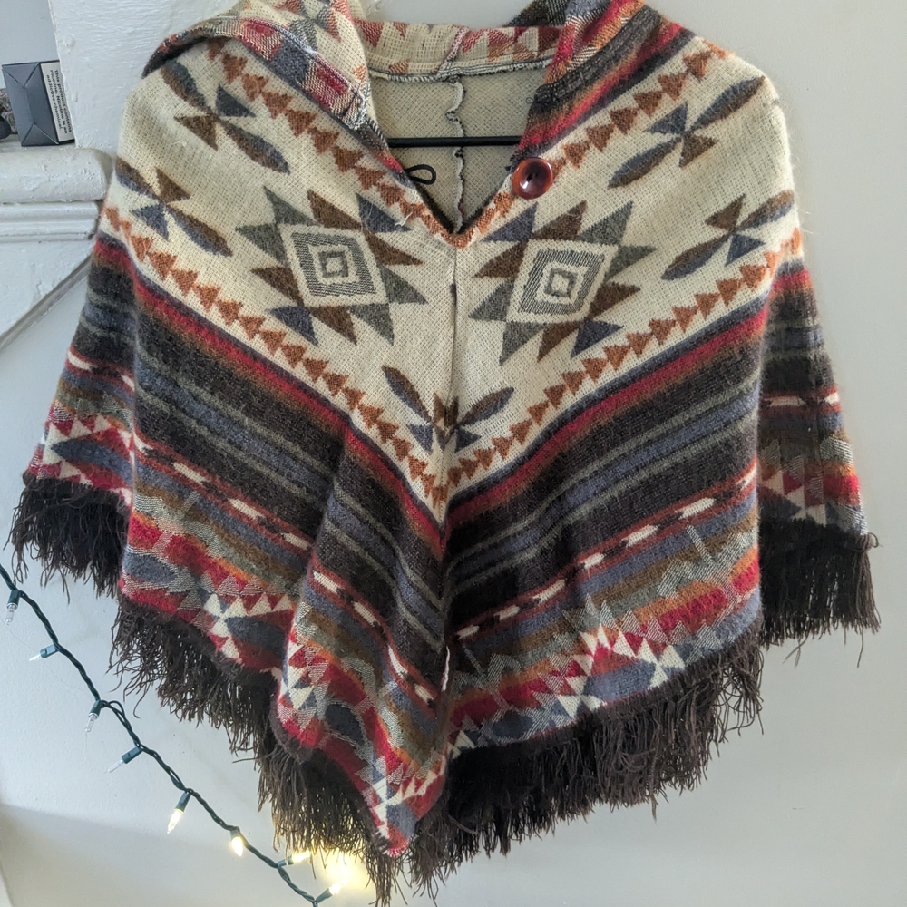 Geometric Patterned Poncho with Fringe